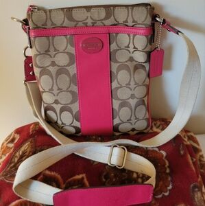 Coach Pink and Tan Crossbody Bag with Signature Monogram